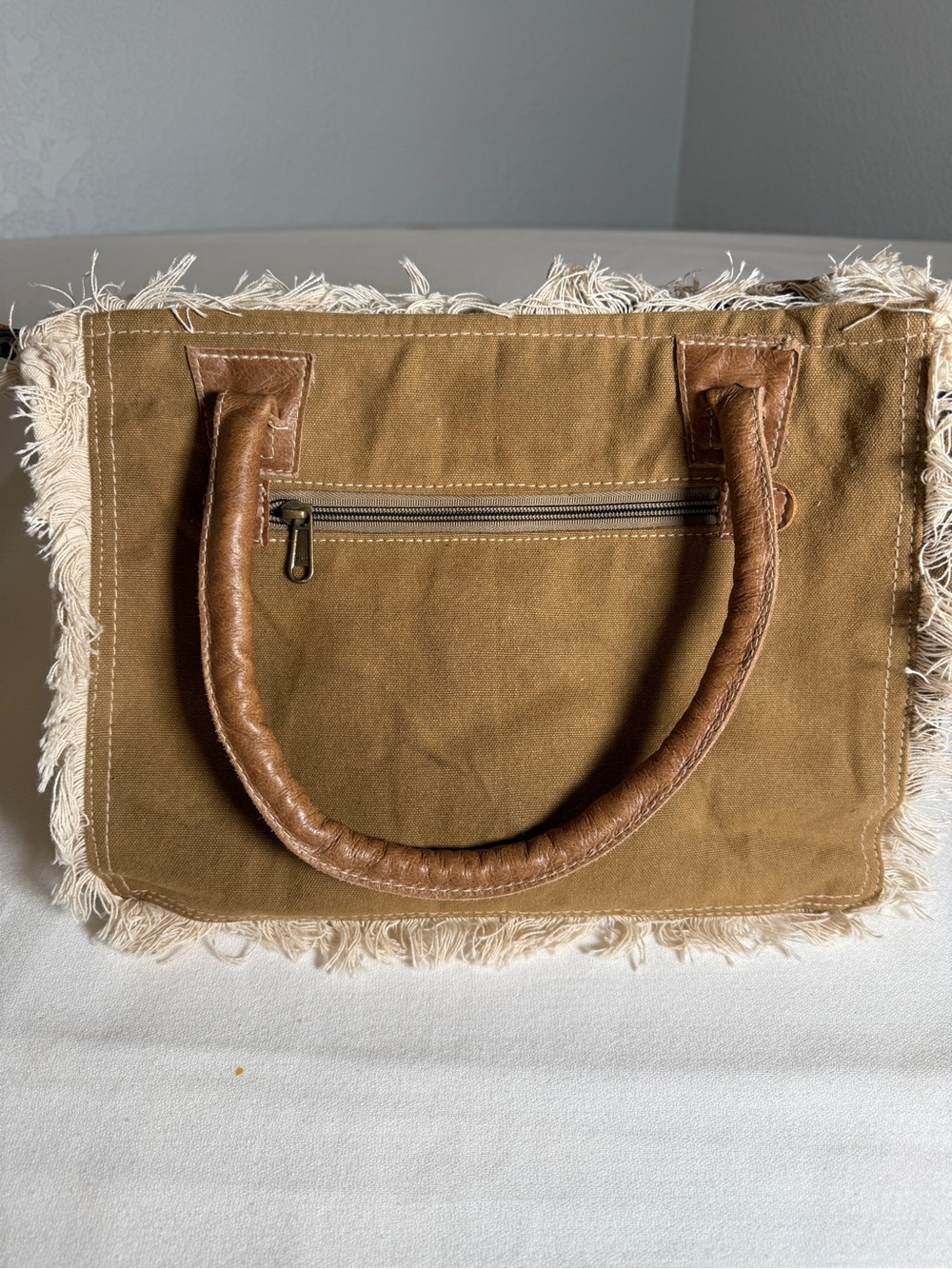 Myra Bag Upcycled Canvas Graphic Tote with Leather Handles and Fringe - Picture 2 of 12